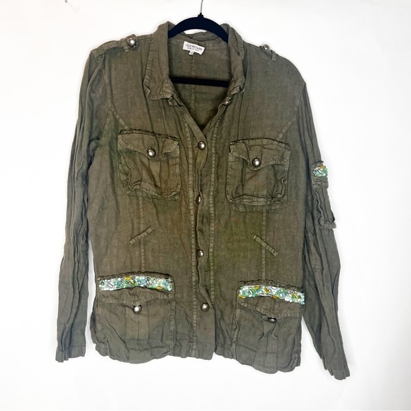 Club Voltaire | Linen Gemstone Trim Lightweight Military Jacket - Picture 1 of 5